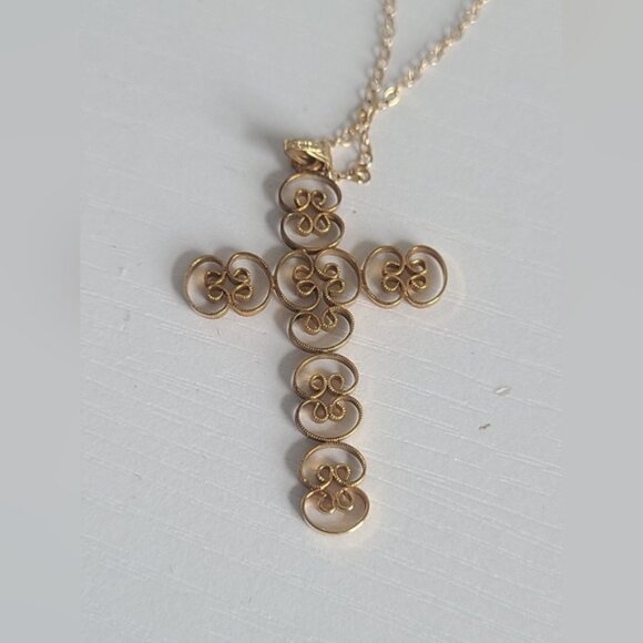 Vintage Gold Filled Baroque Filigree Large Cross Pendant Statement Necklace - Picture 10 of 13